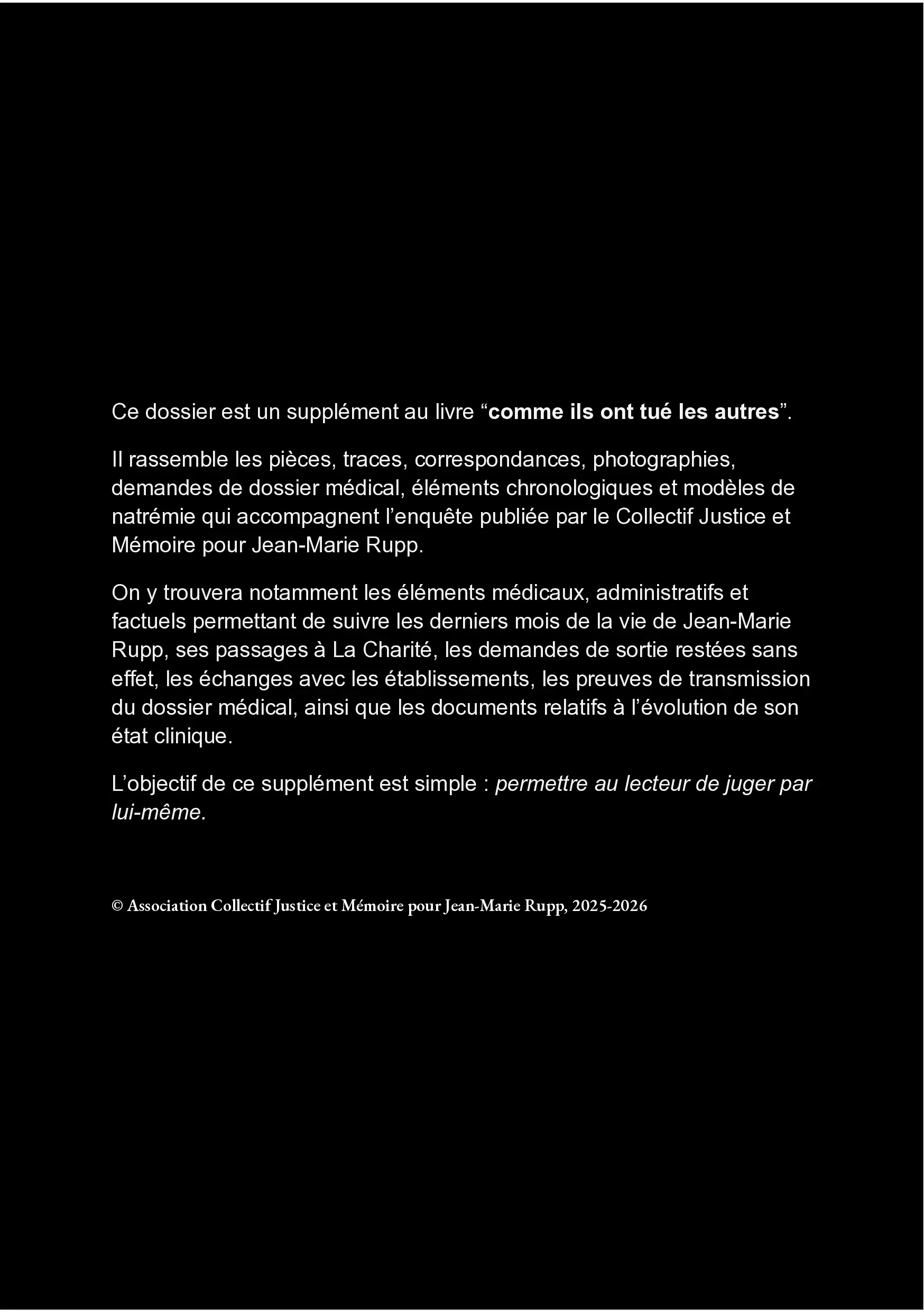 Dos du supplément documentaire Pièces annexes — Affaire Jean-Marie Rupp
